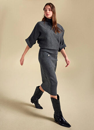 People By Fabrika Lastikli Bel Antrasit Kadın Düz Midi Etek PBF5WL-ETK5104