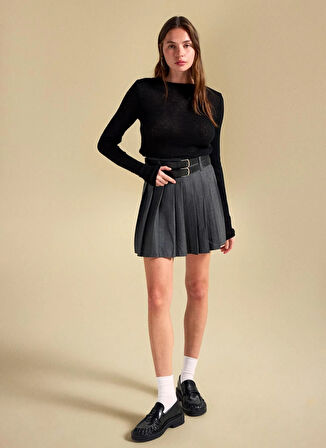 People By Fabrika Yüksek Bel Antrasit Kadın Piliseli Mini Etek PBF5WL-ETK5106