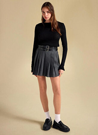 People By Fabrika Yüksek Bel Antrasit Kadın Piliseli Mini Etek PBF5WL-ETK5106