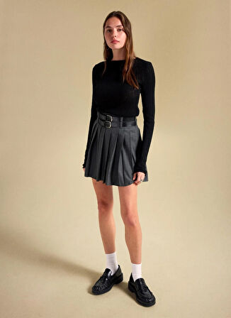 People By Fabrika Yüksek Bel Antrasit Kadın Piliseli Mini Etek PBF5WL-ETK5106