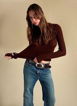 People By Fabrika Kayık Yaka Slim Fit Düz Kahve Kazak Kadın PBF5WL-KZK5100