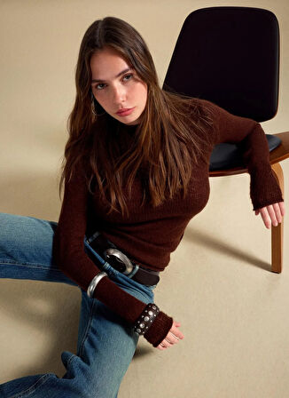 People By Fabrika Kayık Yaka Slim Fit Düz Kahve Kazak Kadın PBF5WL-KZK5100