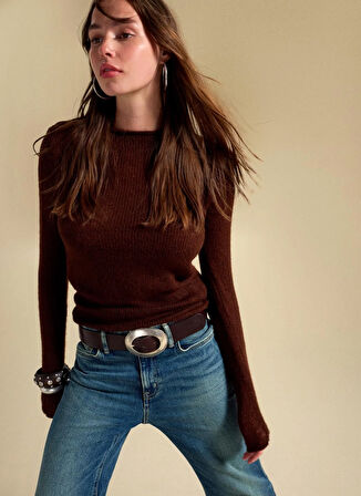 People By Fabrika Kayık Yaka Slim Fit Düz Kahve Kazak Kadın PBF5WL-KZK5100