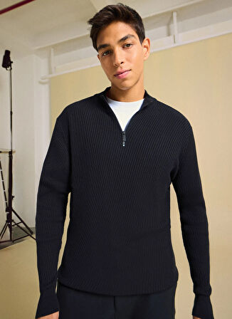 People By Fabrika Dik Yaka Classic Fit Fitilli Siyah Erkek Kazak PBF5WM-KZK9538