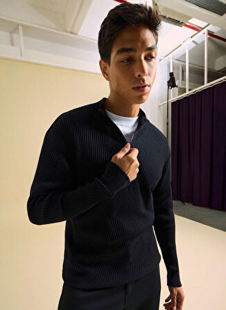 People By Fabrika Dik Yaka Classic Fit Fitilli Siyah Erkek Kazak PBF5WM-KZK9538