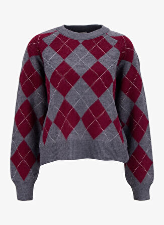 People By Fabrika Bisiklet Yaka Basic Baklava Desenli Bordo - Gri Kadın Kazak PBF5WL-KZK9563