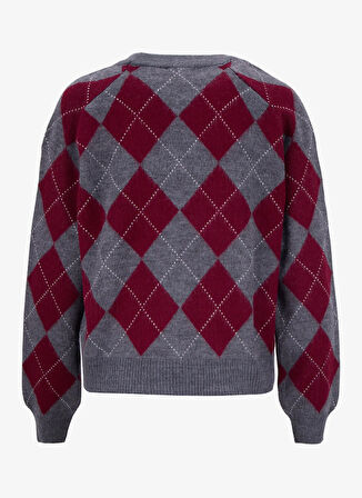 People By Fabrika Bisiklet Yaka Basic Baklava Desenli Bordo - Gri Kadın Kazak PBF5WL-KZK9563