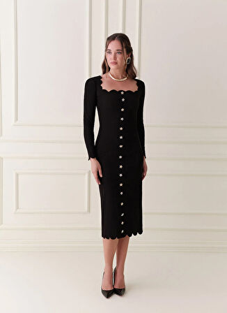 Selyns U Yaka Siyah Midi Kadın Elbise Estella Elbise