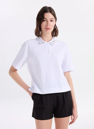 Fabrika Düz Beyaz Kadın Polo T-Shirt