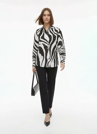 Fabrika Siyah Kadın Loose Fit Desenli Gömlek F6SL-GML0102