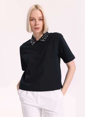 Fabrika Düz Lacivert Kadın Polo T-Shirt