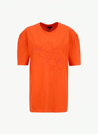 Fabrika Bisiklet Yaka Nakışlı Nar Çiçeği Kadın T-Shirt F6SL-TST0225