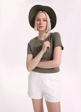 Fabrika Bisiklet Yaka Düz Haki Kadın T-Shirt F6SL-TST0355