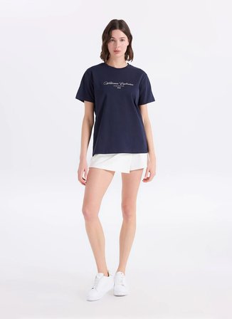 Jeep Bisiklet Yaka Baskılı Lacivert Kadın T-Shirt J6SL-TST7112