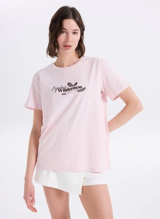 Jeep Bisiklet Yaka Baskılı Pembe Kadın T-Shirt J6SL-TST7182