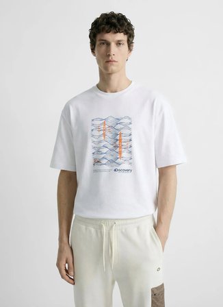 Discovery Expedition D6SM-TST3788 Beyaz Bisiklet Relaxed Baskılı Erkek T-Shirt