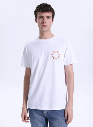 Mustang Bisiklet Yaka Baskılı Ekru Erkek T-Shirt M6SM-TST1589