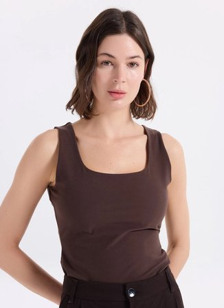 Fabrika Kare Yaka Düz Kahve Kadın Atlet F6SL-TST0373