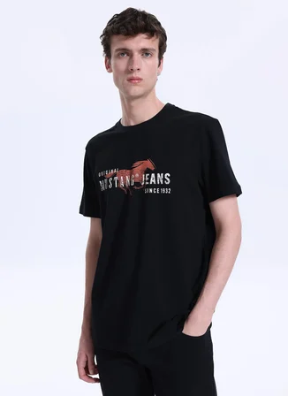 Mustang Bisiklet Yaka Baskılı Siyah Erkek T-Shirt M6SM-TST1605
