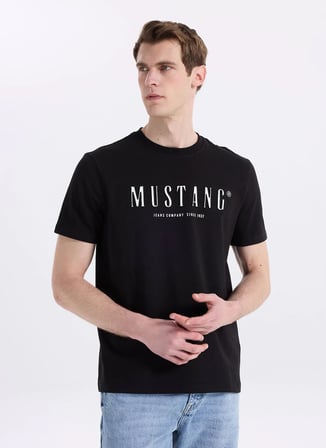 Mustang Bisiklet Yaka Baskılı Siyah Erkek T-Shirt M6SM-TST1606