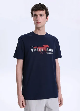 Mustang Bisiklet Yaka Baskılı Lacivert Erkek T-Shirt M6SM-TST1605