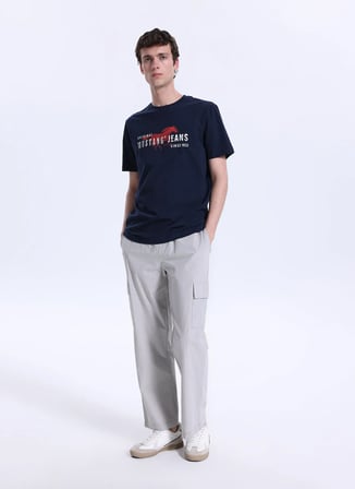 Mustang Bisiklet Yaka Baskılı Lacivert Erkek T-Shirt M6SM-TST1605
