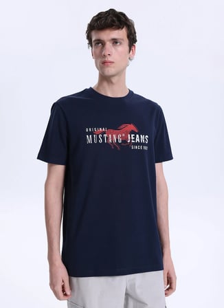Mustang Bisiklet Yaka Baskılı Lacivert Erkek T-Shirt M6SM-TST1605
