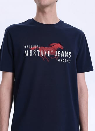 Mustang Bisiklet Yaka Baskılı Lacivert Erkek T-Shirt M6SM-TST1605