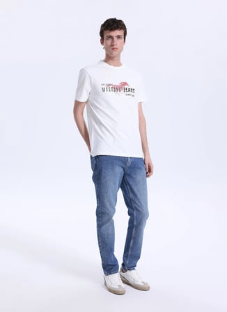 Mustang Bisiklet Yaka Baskılı Ekru Erkek T-Shirt M6SM-TST1605