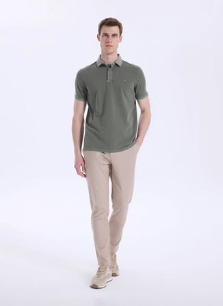 Mustang Koyu Haki Erkek Relaxed Yıkamalı Polo T-Shirt M6SM-TST1326