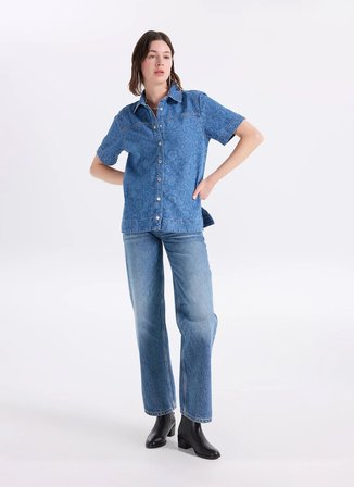 Mustang Normal Gömlek Yaka Yıkamalı Mavi Kadın Denim Gömlek M6SL-GML1128