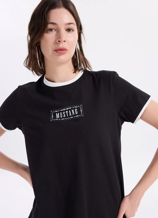 Mustang Bisiklet Yaka Baskılı Siyah Kadın T-Shirt M6SL-TST1241