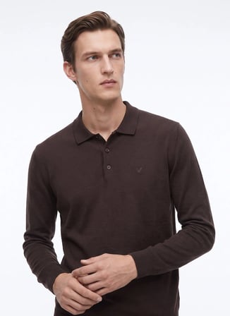 Fabrika Kahverengi Erkek Slim Fit Triko Polo Kazak F5WM-KZK 2553