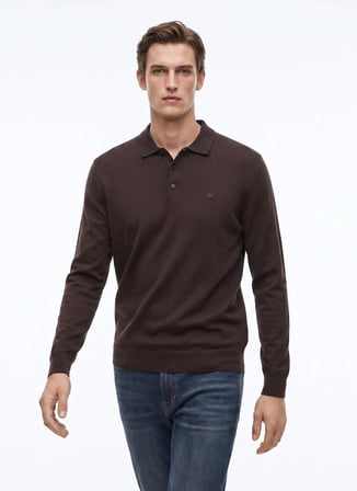 Fabrika Kahverengi Erkek Slim Fit Triko Polo Kazak F5WM-KZK 2553