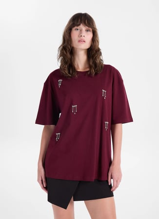Fabrika Bordo Kadın Bisiklet Yaka Relaxed Taşlı T-Shirt F5WL-TST0246