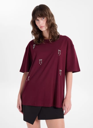Fabrika Bordo Kadın Bisiklet Yaka Relaxed Taşlı T-Shirt F5WL-TST0246