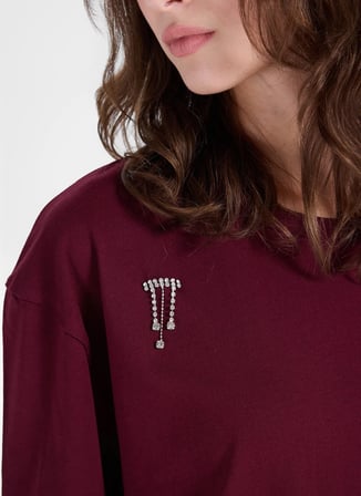 Fabrika Bordo Kadın Bisiklet Yaka Relaxed Taşlı T-Shirt F5WL-TST0246