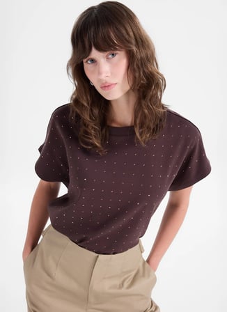 Fabrika Kahverengi Kadın Relaxed Taşlı T-Shirt F5WL-TST0247
