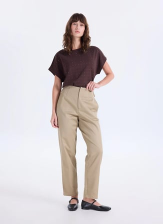 Fabrika Kahverengi Kadın Relaxed Taşlı T-Shirt F5WL-TST0247