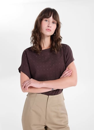 Fabrika Kahverengi Kadın Relaxed Taşlı T-Shirt F5WL-TST0247
