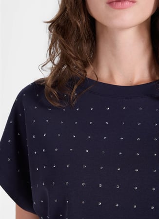 Fabrika Lacivert Kadın Bisiklet Yaka Relaxed Taşlı T-Shirt F5WL-TST0247