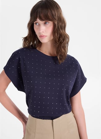 Fabrika Lacivert Kadın Bisiklet Yaka Relaxed Taşlı T-Shirt F5WL-TST0247