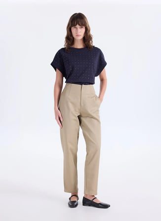 Fabrika Lacivert Kadın Bisiklet Yaka Relaxed Taşlı T-Shirt F5WL-TST0247