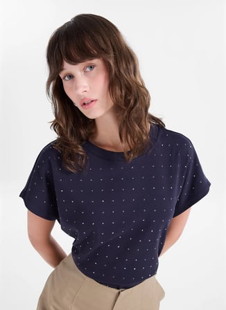 Fabrika Lacivert Kadın Bisiklet Yaka Relaxed Taşlı T-Shirt F5WL-TST0247