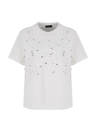 Fabrika Beyaz Kadın Bisiklet Yaka Loose Fit Taşlı T-Shirt F6WL-TST0040