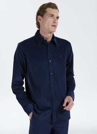 Fabrika Lacivert Erkek Gömlek Yaka Slim Fit Fitilli Gömlek F5WM-GML 2378 N