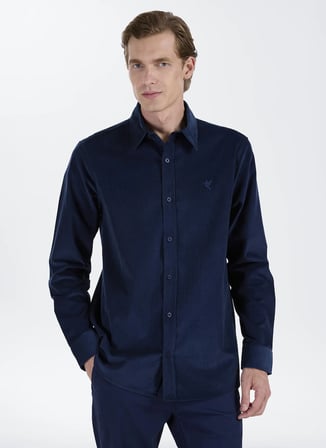 Fabrika Lacivert Erkek Gömlek Yaka Slim Fit Fitilli Gömlek F5WM-GML 2378 N