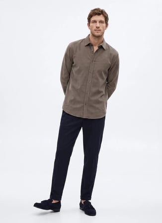 Fabrika Bej Erkek Slim Fit Fitilli Gömlek F5WM-GML 2378 N