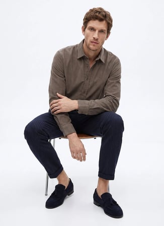 Fabrika Bej Erkek Slim Fit Fitilli Gömlek F5WM-GML 2378 N