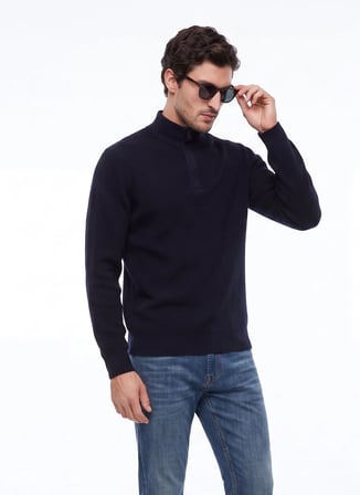 Fabrika Siyah Erkek Bato Yaka Slim Fit Fitilli Triko Kazak F6WM-KZK 2025